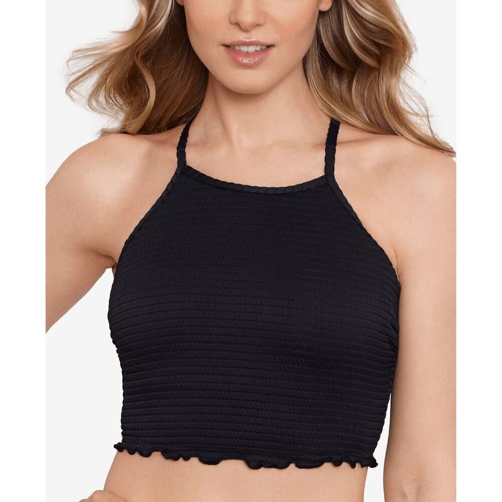 Salt + Cove Women's Seersucker Lace-up Tankini Swim Top - Black S